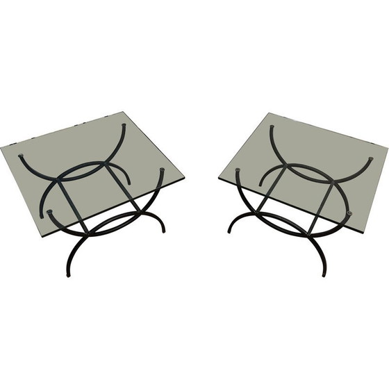 Image 1 of Paire de tables d'appoint vintage en métal laqué noir et verre, France 1950