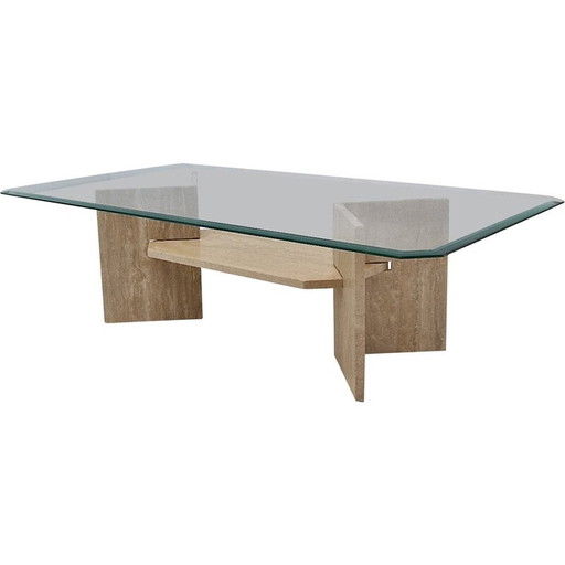 Table basse vintage en travertin et verre taillé, Italie 1980