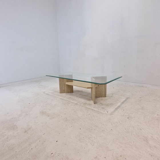 Image 1 of Table basse vintage en travertin et verre taillé, Italie 1980