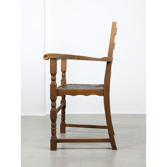 Image 1 of Ensemble de 4 fauteuils vintage en bois de chêne avec similicuir rayé