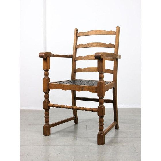 Image 1 of Ensemble de 4 fauteuils vintage en bois de chêne avec similicuir rayé