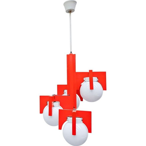 Lampe suspendue vintage en bois laqué rouge et opaline, Italie 1970