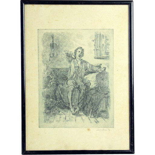 Décoration murale vintage d'un garçon se réveillant de son lit en bois noir, Tchécoslovaquie