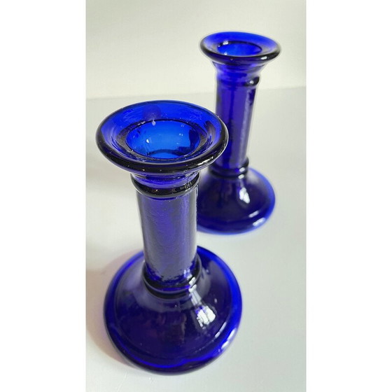 Image 1 of Paire de chandeliers vintage en verre bleu