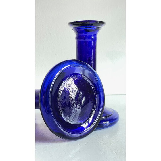 Image 1 of Paire de chandeliers vintage en verre bleu