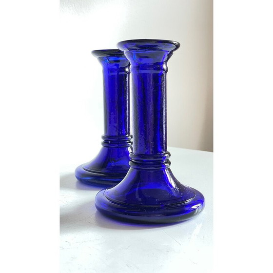 Image 1 of Paire de chandeliers vintage en verre bleu