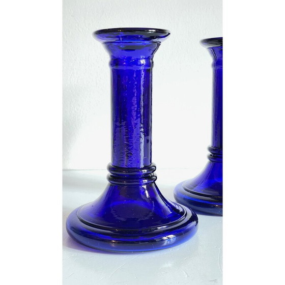 Image 1 of Paire de chandeliers vintage en verre bleu
