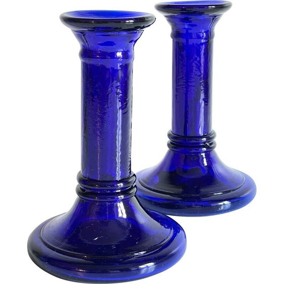 Image 1 of Paire de chandeliers vintage en verre bleu