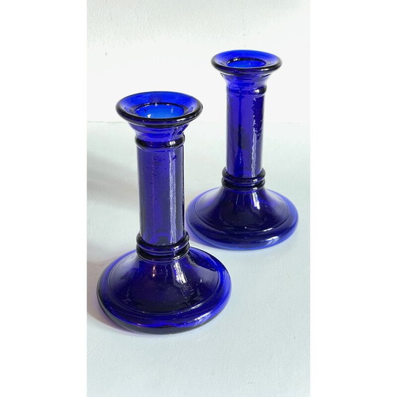 Image 1 of Paire de chandeliers vintage en verre bleu