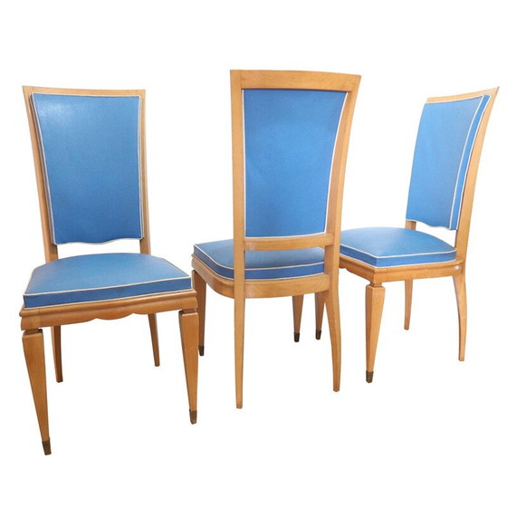 Image 1 of Ensemble de 6 chaises vintage en bois de citronnier et vinyle bleu, 1940