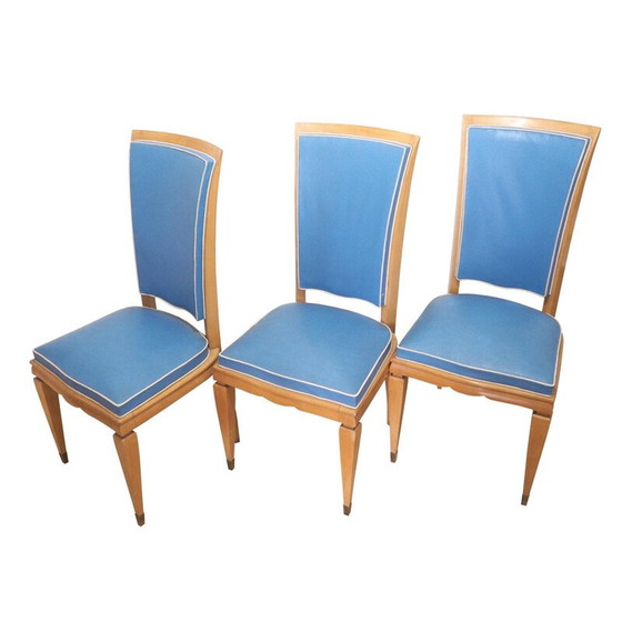 Image 1 of Ensemble de 6 chaises vintage en bois de citronnier et vinyle bleu, 1940