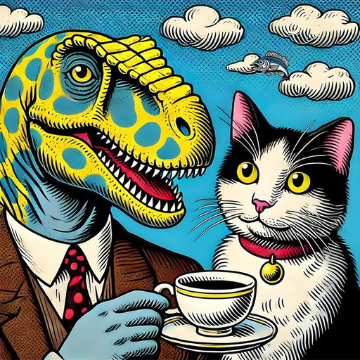 Affiche/Bannière sur tissu 'The Dino & The Cat' (Le Dino et le Chat)