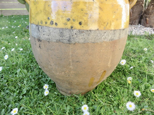 Ancien Pot À Confit En Terre Cuite Vernissée Jaune