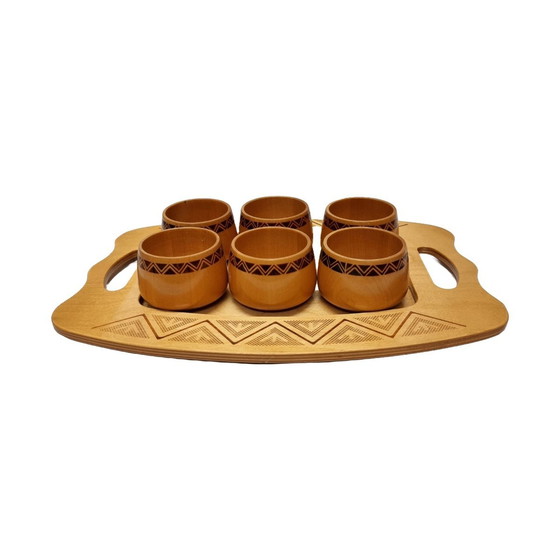 Image 1 of Porte-tasses en bois vintage avec plateau, 1970