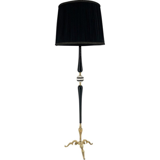 Image 1 of Lampadaire vintage en laiton, onyx et bois bruni avec abat-jour en tissu, Italie années 1950