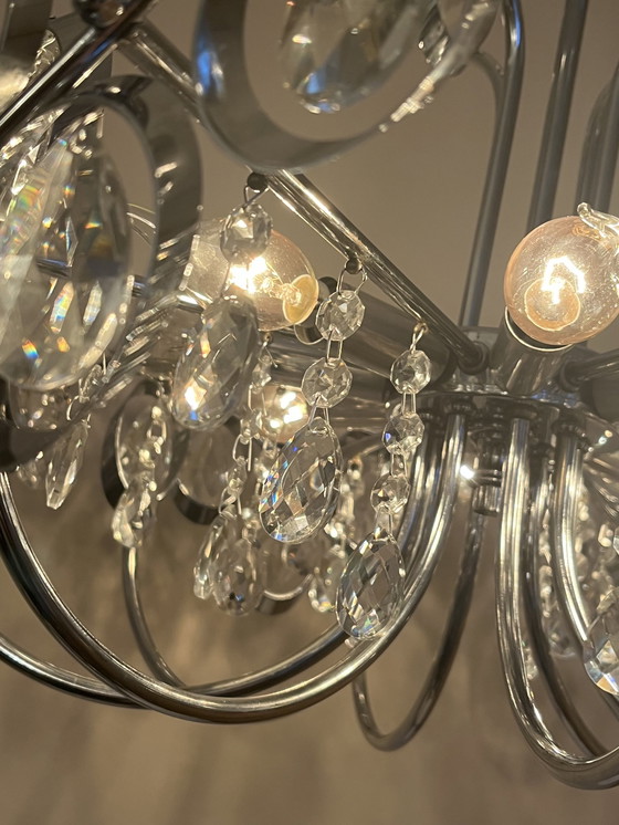 Image 1 of Lustre de l'âge de l'espace des années 60, cadre chromé, cristal en parfait état