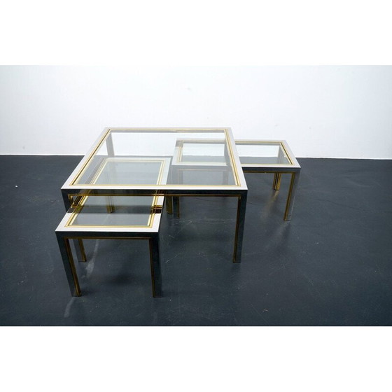 Image 1 of Ensemble de 3 tables basses vintage en laiton et verre, France 1970