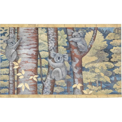 Peinture ancienne représentant des koalas perchés dans les arbres