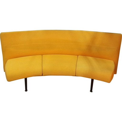 Canapé vintage 3 places incurvé en tissu jaune avec structure en métal1980s
