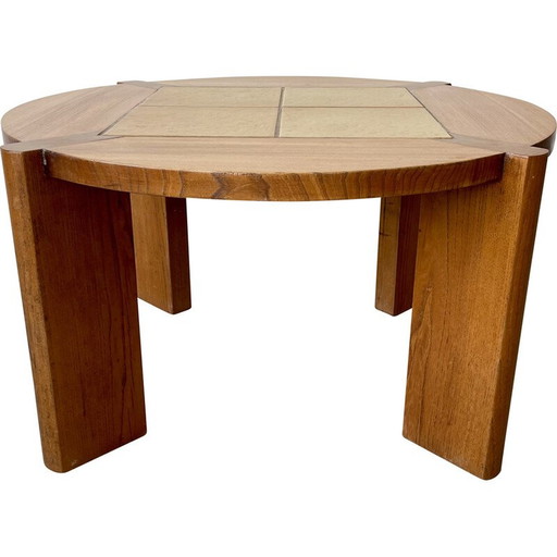 Table basse vintage en orme massif et céramique pour Maison Regain, 1970