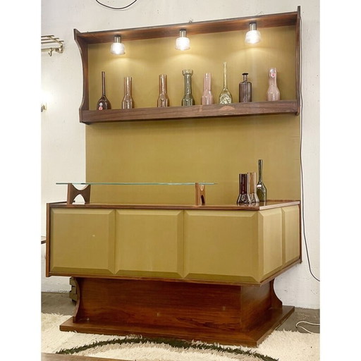 Bar en bois et textile vert du Mid Century, Italie années 1960