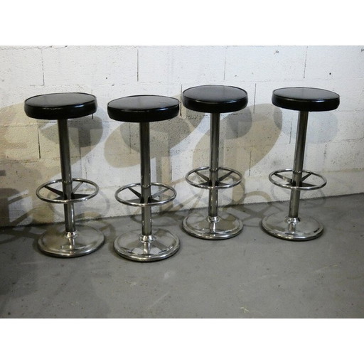 Ensemble de 4 tabourets vintage en acier inoxydable poli et en skaï noir, 1970