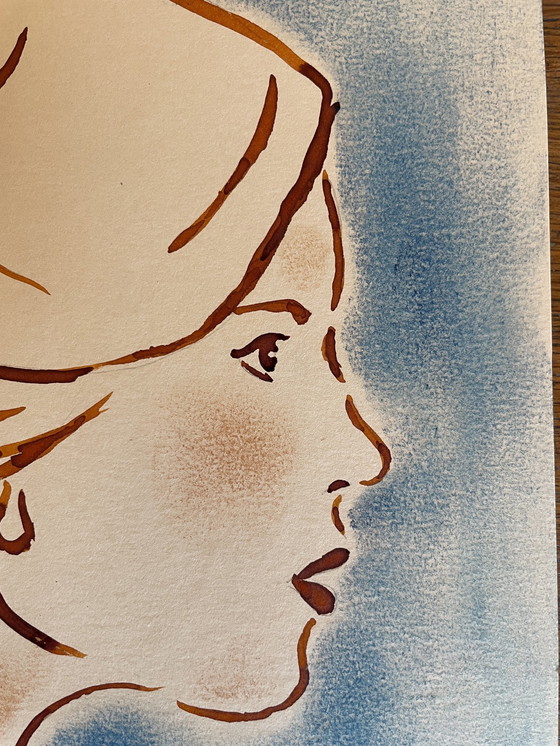 Image 1 of Tableau Encre Pastel Portrait Féminin La Fleur Art Déco