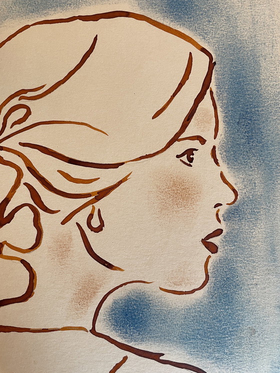 Image 1 of Tableau Encre Pastel Portrait Féminin La Fleur Art Déco