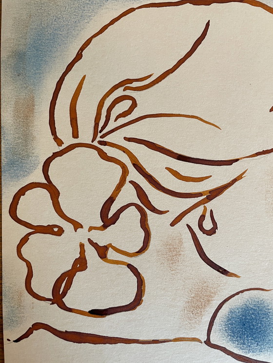 Image 1 of Tableau Encre Pastel Portrait Féminin La Fleur Art Déco