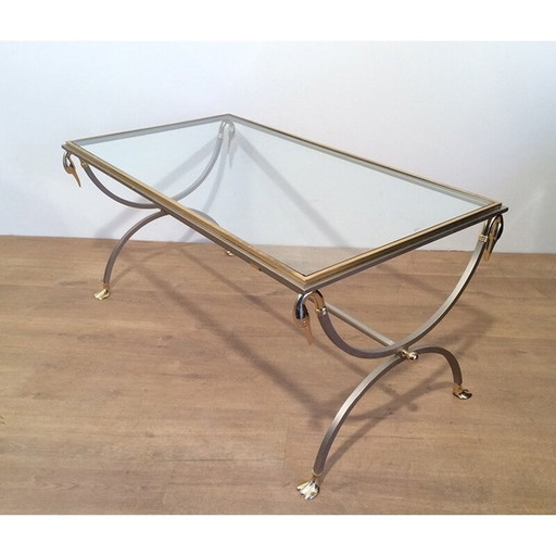 Table basse vintage en métal brossé, verre et laiton par Maison Jansen, 1970