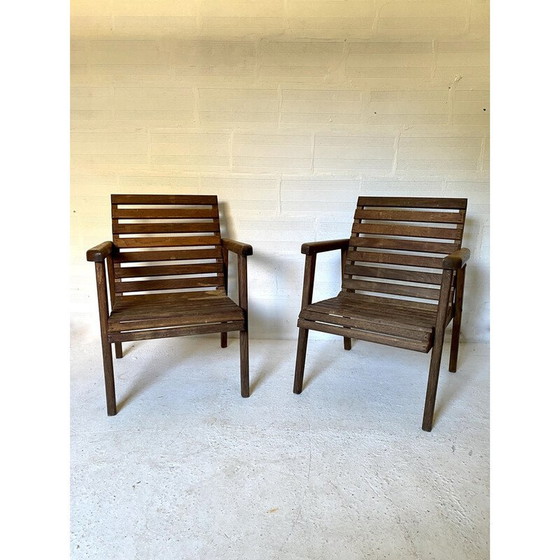 Image 1 of Paire de fauteuils à lattes en bois de chêne, 1950