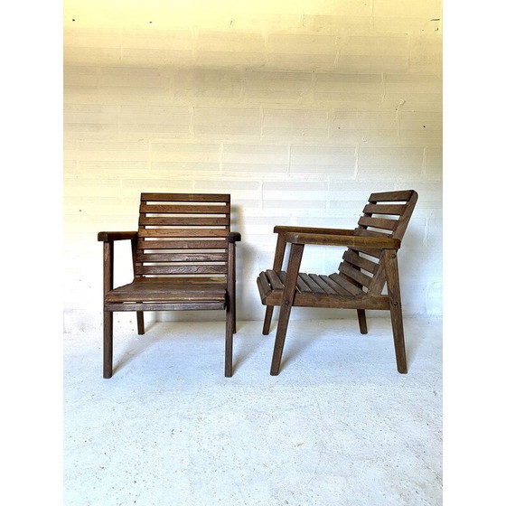 Image 1 of Paire de fauteuils à lattes en bois de chêne, 1950