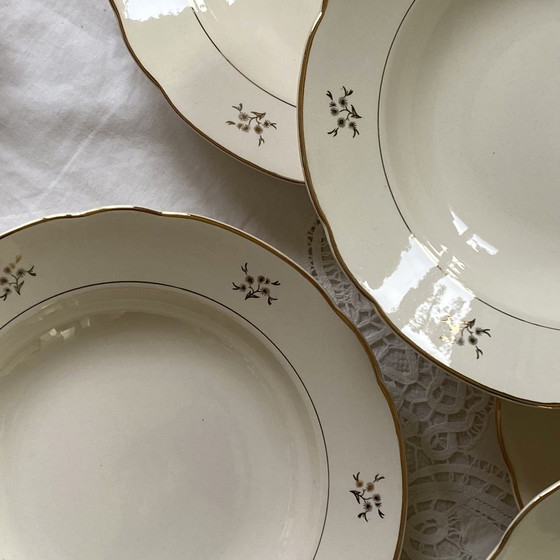 Image 1 of Lot De 6 Assiettes Creuses Faïence Ancienne Couleur Crème Et Dorure Avec Fleurs Villeroy Et Boch