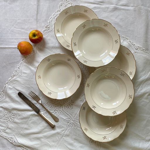 Lot De 6 Assiettes Creuses Faïence Ancienne Couleur Crème Et Dorure Avec Fleurs Villeroy Et Boch