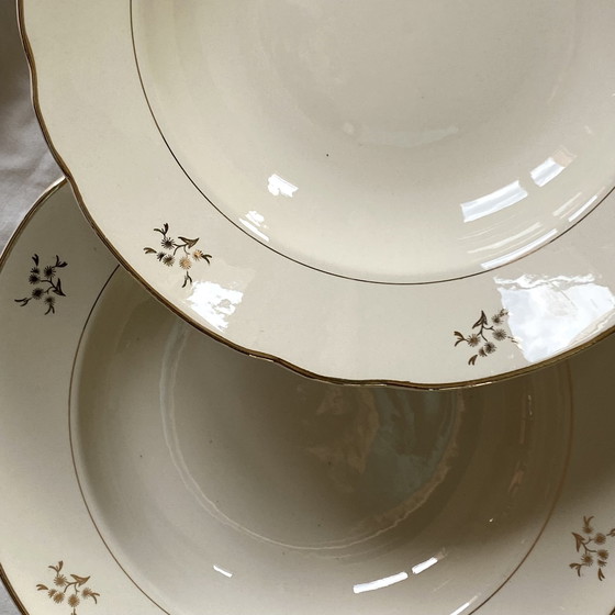 Image 1 of Lot De 6 Assiettes Creuses Faïence Ancienne Couleur Crème Et Dorure Avec Fleurs Villeroy Et Boch