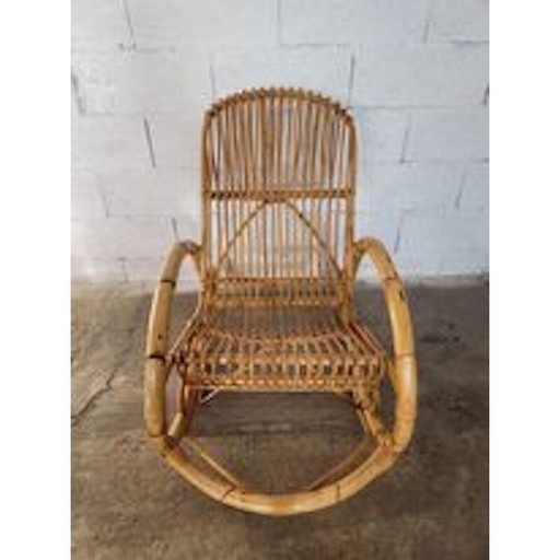Chaise à bascule en rotin vintage, 1950