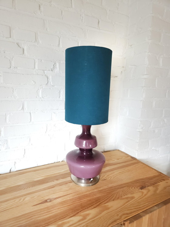 Image 1 of Lampe de table Rupel en verre moulé violet avec abat-jour bleu pétrole fait à la main