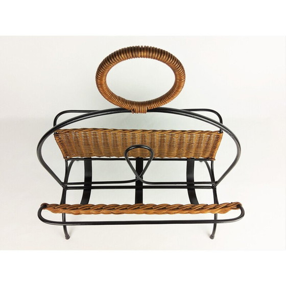 Image 1 of Porte-revues vintage en métal et rotin, 1960