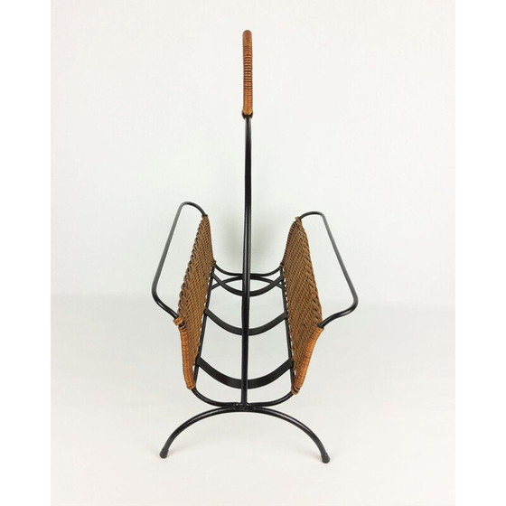 Image 1 of Porte-revues vintage en métal et rotin, 1960