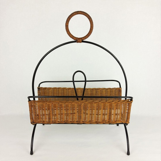 Image 1 of Porte-revues vintage en métal et rotin, 1960