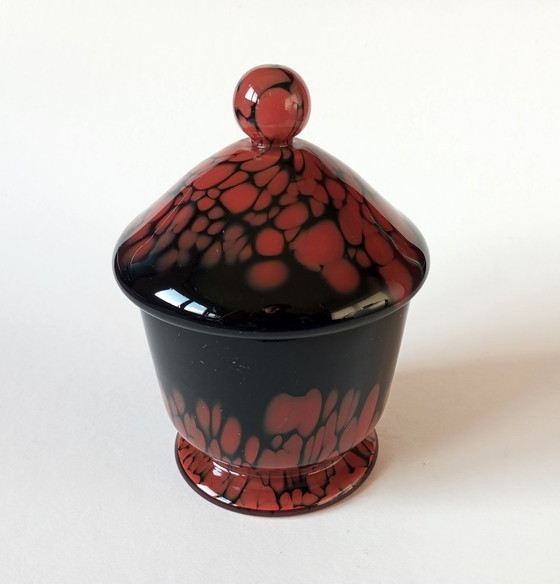 Image 1 of Rare bol à couvercle en verre Art-Déco noir/rouge "Tango" Kralik 1930S