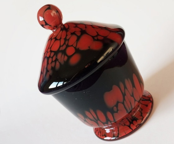 Image 1 of Rare bol à couvercle en verre Art-Déco noir/rouge "Tango" Kralik 1930S