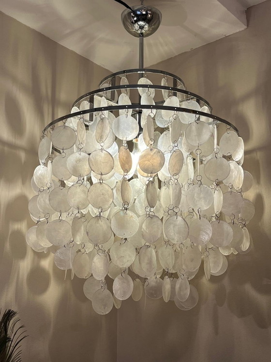 Image 1 of Taille L Capiz Shells Suspension Lamp Chrome Frame 45 Diameter