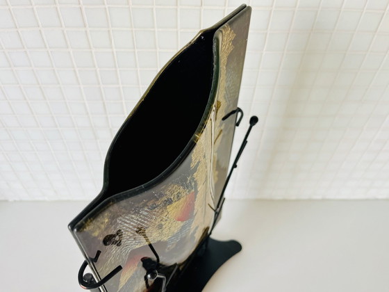 Image 1 of Vase Italien en Verre Design sur Support Métallique Couleurs Noir Or Art