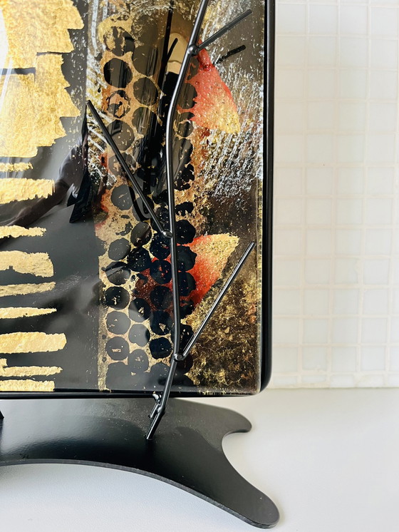 Image 1 of Vase Italien en Verre Design sur Support Métallique Couleurs Noir Or Art