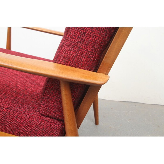 Image 1 of Fauteuil vintage en bois et tissu rouge, 1950