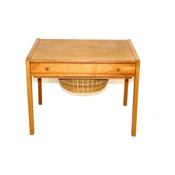 Image 1 of Table de couture vintage en chêne et rotin, Danemark 1960