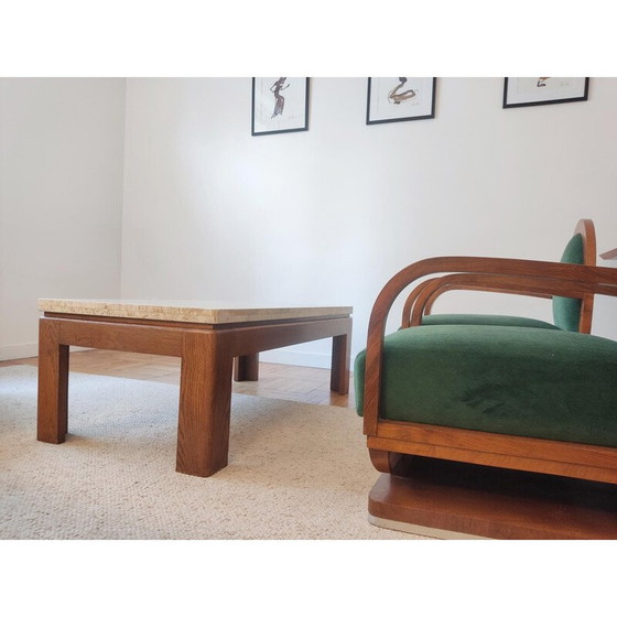 Image 1 of Table basse vintage en bois et travertin, 1970