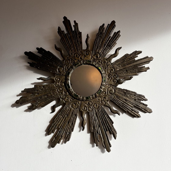 Image 1 of Mid Century Miroir soleil en plomb et verre par Irena Jaworski Vintage