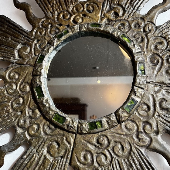 Image 1 of Mid Century Miroir soleil en plomb et verre par Irena Jaworski Vintage